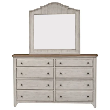 Relaxed Vintage 8 Drawer Dresser with Cedar Lined Bottom Drawers and Mirror